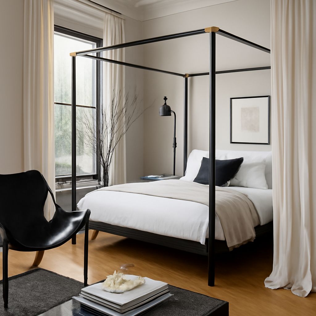 black white and grey bedroom with black and white line pattern decor