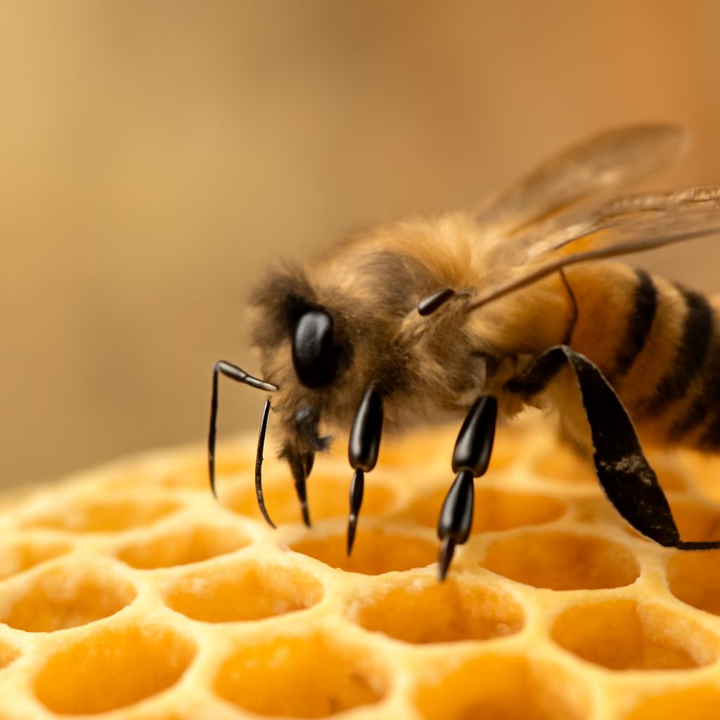 A bee and eye up close, showcasing an iris close up