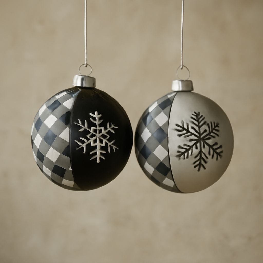 Elegant black and white christmas ornaments including papillon and checker designs
