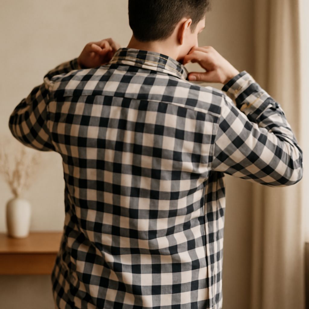 black and white checkered shirt, black shirt with white collar