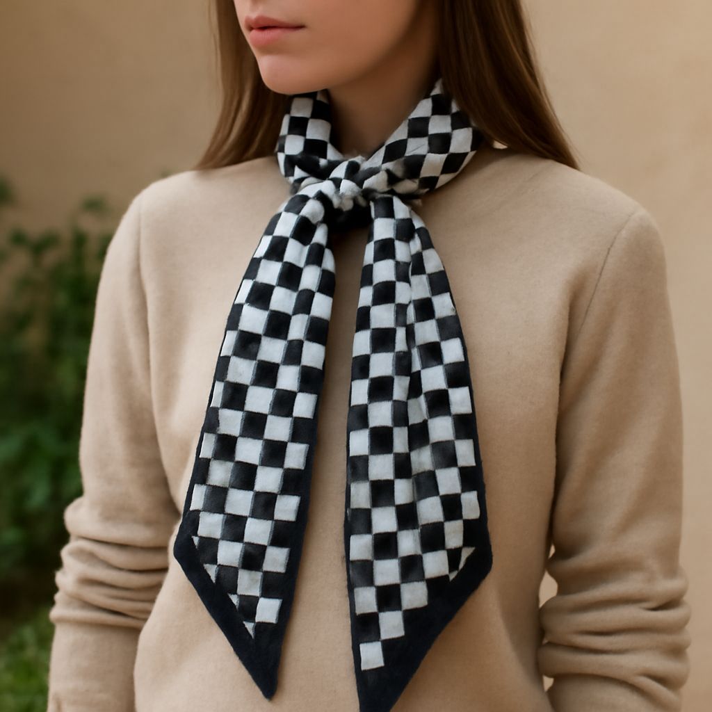 Black and white checkered suit and scarf