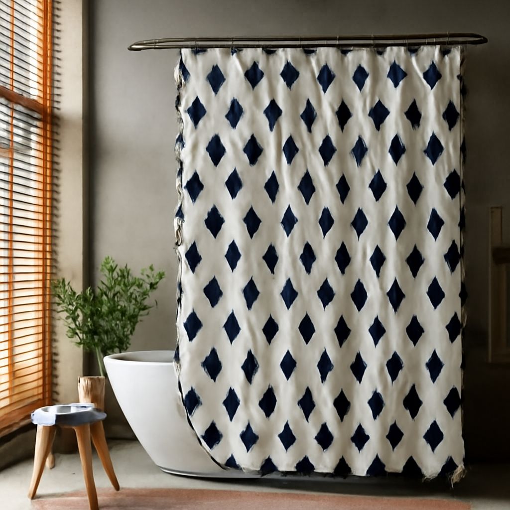 black and white striped shower curtain with geometric patterns